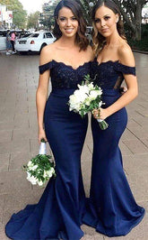 Shoulder Chiffon Satin Applique Beads DressesNavy Blue Bridesmaid Dress Off Shoulder Chiffon Satin Applique Beads D